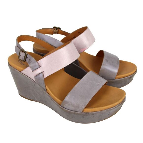 Kork-Ease GRAY PINK GENUINE LEATHER OPEN TOE HIGH HEEL WEDGE SHOES Sz 8M - Picture 2 of 11